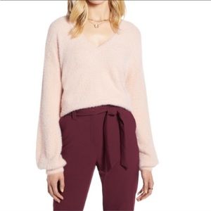Halogen Sweater Teddy Bear Fuzzy Cozy Knit Softgirl Pink Balloon Sleeve V-Neck